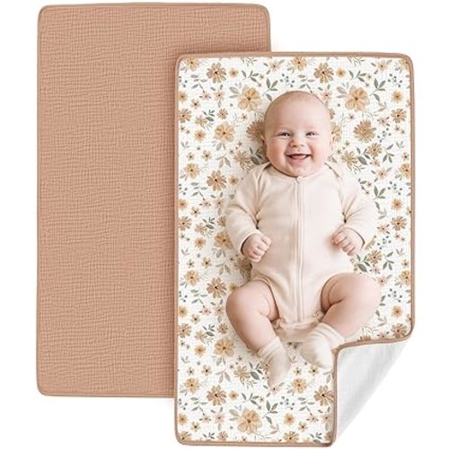 Konssy 2 Pack Waterproof Muslin Cotton Portable Changing Pad 30"x 17", Soft & Foldable Baby Changing Mat Travel Pad with Terry Backing, Shower Gift for Newborn Girls Boys (Toffee,Flourish)