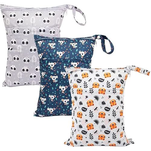 babygoal Wet Dry Bags for Baby Cloth Diapers, Washable Travel Bags, Beach, Pool, Gym Bag for Swimsuits & Wet Clothes with Two Zippered Pockets 3 Pack, 3LN31