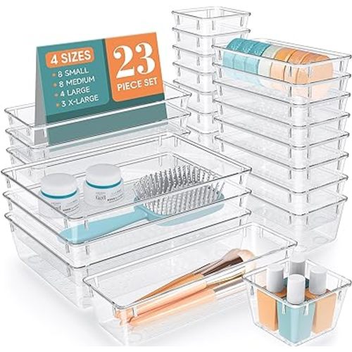 23 PCS Clear Plastic Drawer Organizers Set, 4 Size Desk Drawer Organizer Trays for Makeup, Jewelry, Kitchen Utensils, Gadgets and Office Accessories
