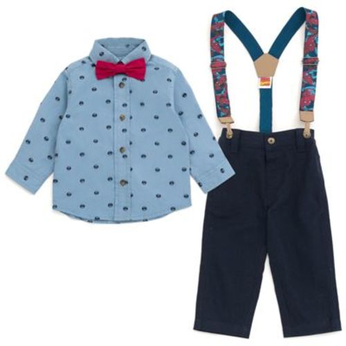 Marvel Spider-man Infant Baby Boys Button Down Shirt Twill Pants Suspenders And Bow-tie 4 Piece Outfit Set Blue 18 Months
