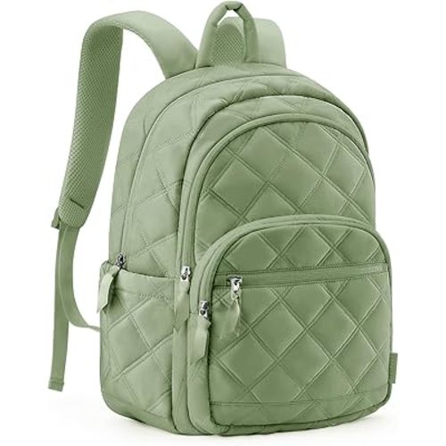 BAGSMART Travel Laptop Backpack, College Backpack for Women, Quilted Small Computer Bookbag, Water-Resistant 15.6 Inch Laptop Casual Bag, Green