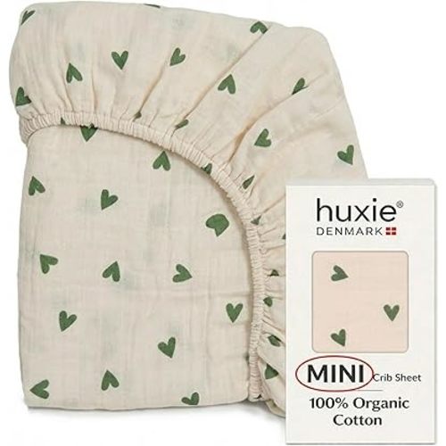 Mini Crib Sheets - Organic Cotton Muslin Fitted MINI 24"x 38" Crib Sheet for Pack and Play - Ultra-Soft and Breathable for Boys and Girls (Mini Green Hearts)