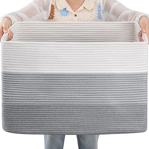 OIAHOMY Large Cotton Rope Basket, Rectangle Woven Baskets for Storage, Nursery Blanket Basket Living Room, Toy Basket with Handle, Baskets for Organizing-24.8”x15.7”x15.7”-Gradient Grey
