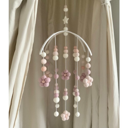 Blush daisy baby mobile /blush flower felt ball cot mobile , pastel pink daisy arched nursery mobile / contemporary flower mobile