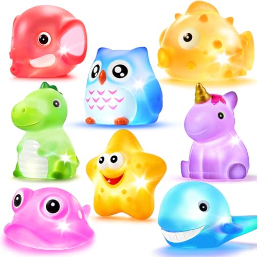 Bath Toys, 8 Pcs Light Up Floating Rubber Animal Toys Set, Flashing Color Changing Light in Water, Baby Infants Kids Toddler Child Preschool Bathtub Bathroom Shower Games Swimming Pool Party