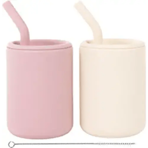 WeeSprout Silicone Baby Cups With Straws and Lids, 4 & 8 oz Options, Set of 2, Food Grade Toddler Training Container, Built In Straw Stoppers, Measurement Markings, Dishwasher Safe + Straw Cleaner