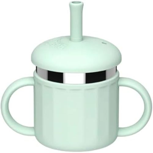 Stainless Steel Toddler Cup with Silicone Sleeve – 100% Leak-Proof Sippy Cup with Handles & Straw – Non-Toxic, Easy to Clean, Dishwasher Safe Baby Cup for Ages 6M+(Green)
