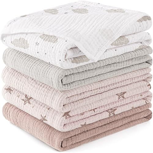 Susurration Muslin Burp Cloths Baby Washcloths 100% Cotton Burp Cloths Baby Girl 5 Pack, Absorbent and Soft Cloth Diapers 23.6 * 23.6 inch, Baby Girl Newborn Essentials-Pink Star