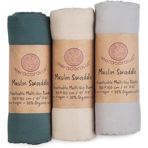 Meracorallo Muslin Swaddle Blanket Silky Soft Receiving Blanket Neutral Swaddle Wrap for Baby Boys and Girls, 47 x 47 inches, Set of 3 Solid Color (Green+Beige+Gray)