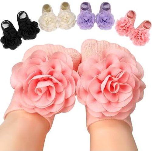 Baby Girl Socks with Non-Slip Grips, 4 Pairs Cute Soft Cotton Breathable Flower Infant Ankle Socks for Newborn