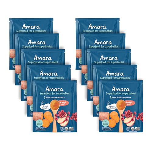 Amara Organic Baby Food - Stage 2 - Sweet Potato Raspberry - Baby Cereal to Mix With Breastmilk, Water - Baby Food Pouches Made from Organic Fruit and Veggies - 10 Pouches, 3.5oz Per Serving