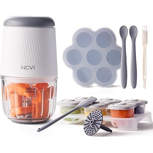 NCVI Puree Baby Food Processor Glass Set, Mini Infant Food Maker Blender Machine with 8 Blades and Grinding Disc, Small Blender for Baby Food Including Containers, Silicone Tray and Tableware
