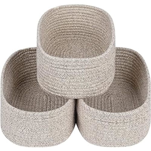 CubesLand Rectangle Organization/Storage Basket, Natural Cotton Rope Woven Baskets for Organizing, Small Basket for Kids, Baby Nursery, Cat Dog Toy Baskets, Organizer Bins for Shelves 3Pc Light Brown