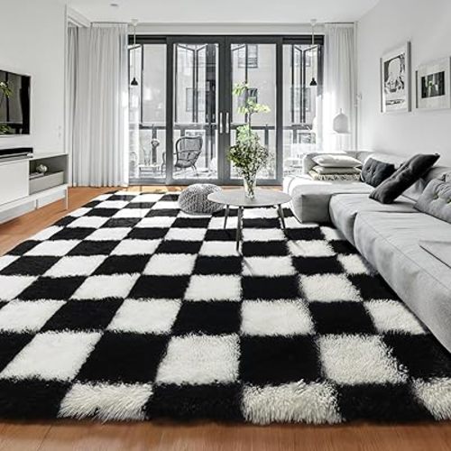 KICMOR 6x9 Area Rugs for Living Room, Large Black and White Fluffy Shag Fuzzy Plush Soft Checkered Rug, Big Shaggy Floor Carpets for Bedroom Kids Boys Girls Teen Dorm Nursery Home Decor Aesthetic