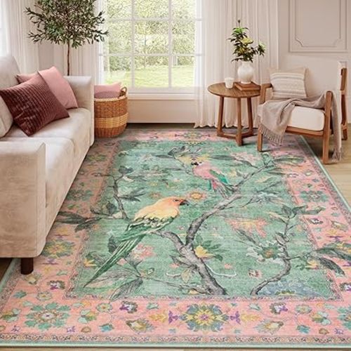 Lahome Botanical Birds Washable Pink Rugs for Bedroom Girls, 8x10 Non Slip Living Room Area Rug, Vintage Indoor Dining Room Carpet for Under Table Nursery Classroom Playroom (8x10ft,Pink)