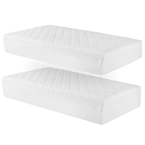 Waterproof Crib Mattress Protector, Bamboo Quilted Terry Top Fitted Baby Mattress Cover, Soft and Breathable White Toddler Mattress Pad 52"×28", 2 Pack