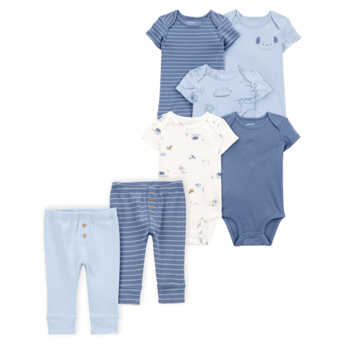 Baby 7-Piece Short-Sleeve Bodysuits & Pull-On Pants Set - Blue | Carter's