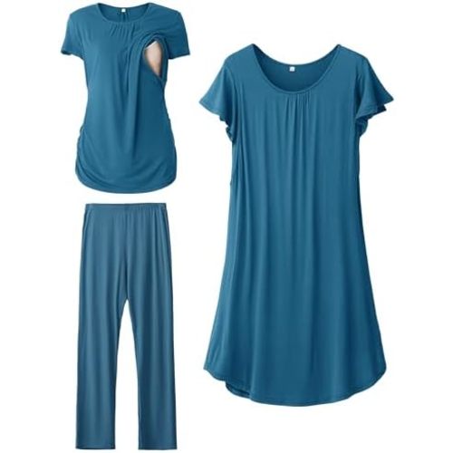 SUNNYBUY Women 3 PCS Maternity Nursing Nightgown Dress & Short Sleeve Breastfeeding Top & Pregnancy Pants Sleepwear Set