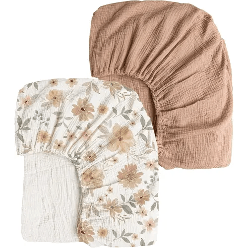 Konssy Muslin Crib Sheets 2 PCS 100% Cotton Baby Crib Sheets for Standard Crib Mattress (28" x 52"), Soft and Breathable for Boys, Girls (Toffee, Flourish)