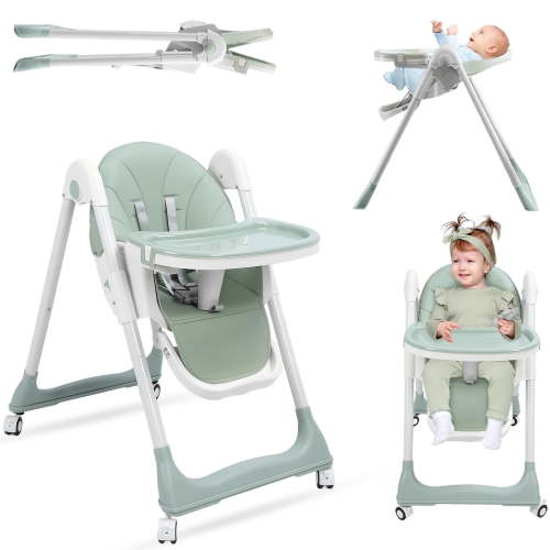 3-in-1 Foldable High Chair for Babies & Toddlers-Adjustable Height, Reclining Seat, Removable Tray, Lockable Wheels, Washable Cushion-Portable & Easy Clean, Green