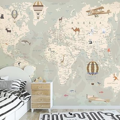Kids World Map Wallpaper with Animals–Peel and Stick Educational Decals–Nursery Murals for Baby, Toddlers,Boys, Kids Room–Removable Waterproof Decor for Bedroom, Classroom,Playroom(111W x 70.8H)