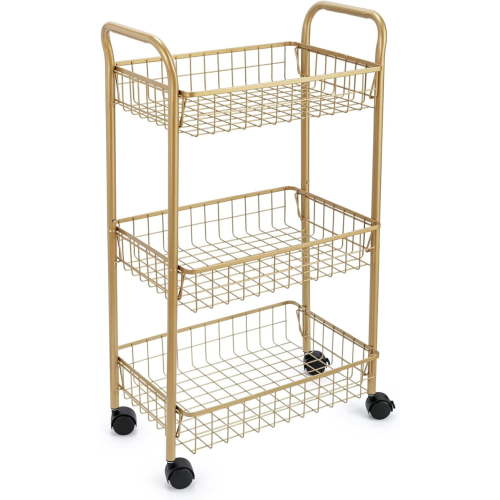 3 Tier Mesh Rolling Utility Cart, Gold Metal Organization Cart with Lockable Wheels, Multifunctional Storage Trolley Service Cart for Kitchen Living Room Office Salon
