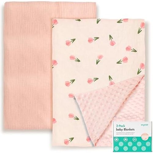 2-Pack Baby Blankets with Muslin Cotton and Minky Dots for Toddler Girls - Super Soft Baby Minky Blanket, Pink Floral Printed Blanket for Newborn, Cozy and Lightweight