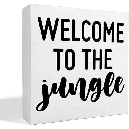 Nursery Table Decor, Baby Children's Kids Bedroom Desk Decoration for Playroom, Welcome to The Jungle Wooden Box Sign, White