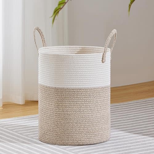 VIPOSCO Large Laundry Hamper, Tall Woven Rope Storage Basket for Blanket, Toys, Dirty Clothes in Living Room, Bathroom, Bedroom - 53L White & Brown