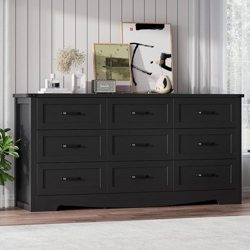 Thacuok Black Dresser for Bedroom, 59'' Wide Chest of Drawers with Natural Wood Texture, 9 Drawer Dresser for Closet with Metal Handles, Sleek Storage Solution for Living Room, Office, Hallway