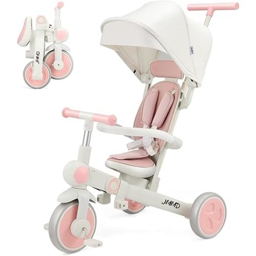 JMMD Baby Tricycle, 7-in-1 Foldable Kids Trike with Adjustable Parent Handle, Safety Harness & Wheel Brakes, Removable Canopy, Stroll Trike for Boys & Girls Ages 18 Months-5 Years, Pink