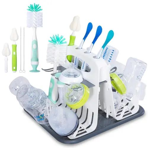 High Capacity Drying Rack with 5pcs Brushes, Deluxe Countertop Drying Rack, Universal Drying Station, Baby Bottle Drying Rack with Bottle Brushes, White