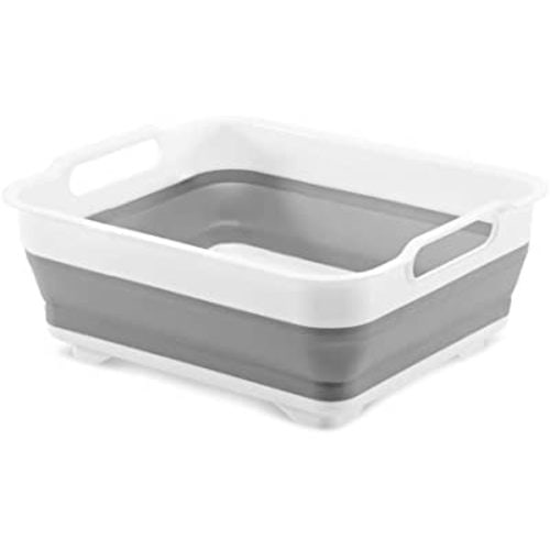 Madesmart Collapsible Dishwashing Basin with Handles, Plastic Pop-Up Dish Wash Basin for Kitchen Counters, Gray/White