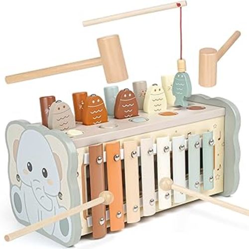 Joyreal Wooden Montessori Toys for 1 Year Old - Whack A Mole Hammering Pounding Toy with Xylophone & Fishing Game - Educational Toddler Activities for 1 2 3 Year Old Christmas Birthday Gifts