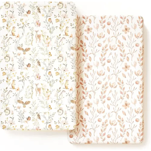 GRSSDER Stretch Ultra Soft Jersey Knit Fitted Crib Sheets Set 2 Pack，Fit All Standard Crib Mattress Pads Safe and Snug, Crib Fitted Sheet for Girls, Beautiful Blush Pink Floral and Cute Animals Print