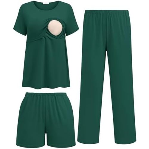 Ekouaer 3 Piece Postpartum Nursing Pajamas Set Short Sleeve Breastfeeding Shirts Pregnancy Shorts & Pants Maternity Pjs
