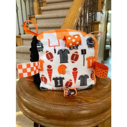 University of Tennessee Knoxville Vols Football Sensory Plush Minky Baby Block with Ribbons and Bells 5" Baby Shower Toy Gift