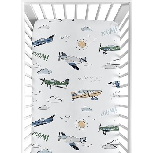 Sweet Jojo Designs Vintage Airplane Boy Baby Fitted Crib Sheet Infant Newborn Nursery Toddler Bed Room Standard Mattress Grey Green Blue White Yellow Airplanes Plane Transportation Clouds Sun Aviator