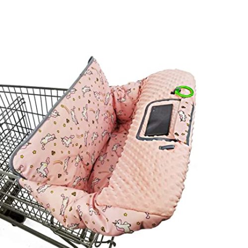 Shopping cart Cover for Babies-high Chair Cover, Dotted Minky Touching, Multi in 1 Design, 360 Full Protection, roll in and go, Universal fit, Pink Unicorns