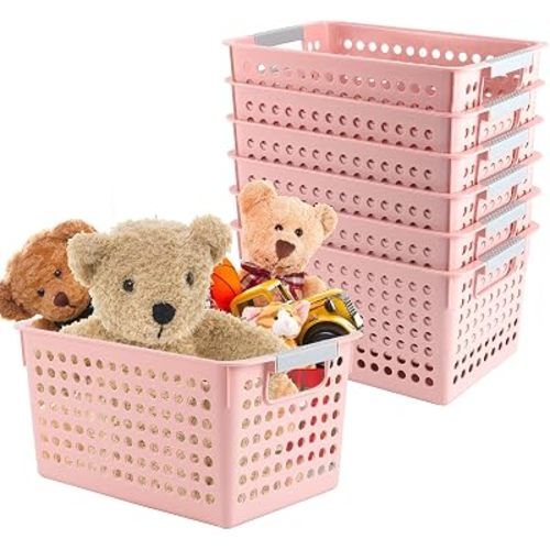 ZOENHOU 7 Pack 10.7 x 7.5 x 5.6 Inch Pink Plastic Storage Baskets, Stackable and Strong Decorative Woven Plastic Baskets with Handles, Weaving Organizing Basket for Kitchen, Bed Room, Office