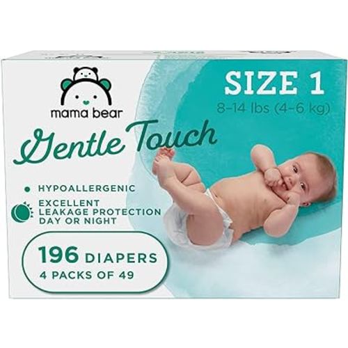 Amazon Brand - Mama Bear Gentle Touch Diapers, Hypoallergenic, Size 1, White, 196 Count (4 packs of 49)