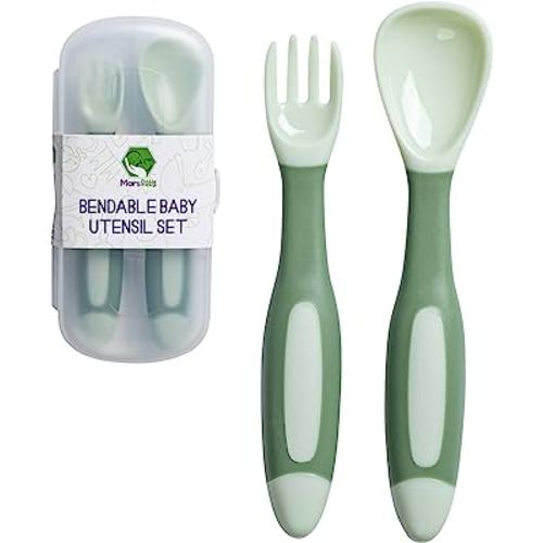 Mars Baby Silicone Baby Spoons Set for Self-Feeding - Bendable Learning Utensils for Toddlers - Perfect for Introducing Solids - With Travel Case - Green