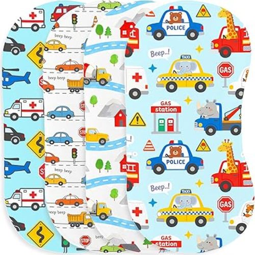 4 Pack Blue Burp Cloths Baby for Boys Girls,Soft Cotton,Traffic Car Theme Design,Super Absorbent Burping Clothes Burp Rags for Newborn,Machine Washable and Reusable Baby Spit-Up Cloths,20x10inches
