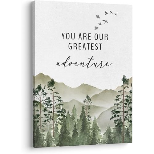 XWELLDAN You are Our Greatest Adventure Woodland Nursery Inspirational Wall Art Canvas Prints,Watercolor Forest Mountain Adventure Wall Art Decor for Kids Baby Bedroom Nursery, 11 x 14 Inch, Framed