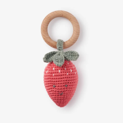 Scarlett the Strawberry Hand-Crocheted Wood Ring Rattle – Elegant Baby