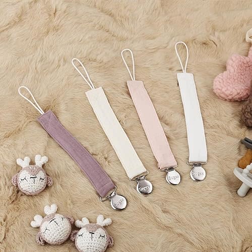 Pacifier Clip for Baby Boy and Girl - Linen Soft Fabric Pacifier Hold with Clip for Binky, Leash Soothie Holder Unisex 4 Pack (Pink)