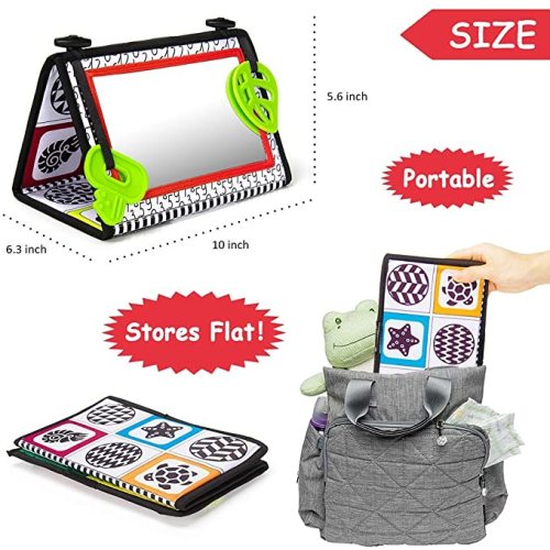 teytoy Tummy Time Baby Mirror Toys with Teethers, Double Black and White High Contrast Baby Toys 0-6 Months, Foldable Floor Sensory Development Toys for Infants Newborn