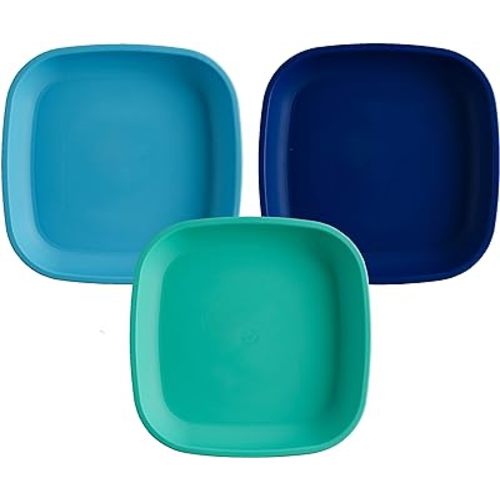 Re-Play Toddler Plates - 22 Oz. Deep-Walled Flat Kids Plates - Dishwasher & Microwave Safe - Made in USA - Set of 3-7.37" x 7.37" x 1.25" - True Blue