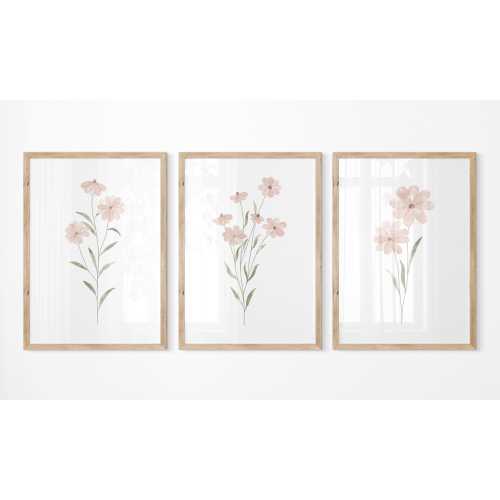 Pink floral wall art set, Floral nursery prints, Wildflower wall art, Blush pink nursery wall art, Girls room print set of 3, Botanical art
