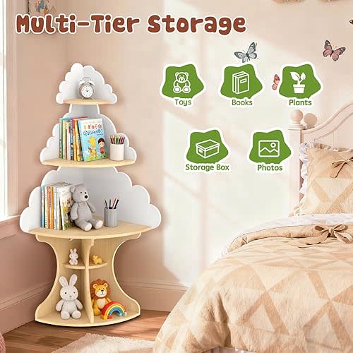 LAKNUAL Bookshelf for Kids, Children Cloud-Bookshelf, Space-Saving Montessori Toddler Corner Bookcase for Nursery, Classroom, Kindergarten, Kids Rooms